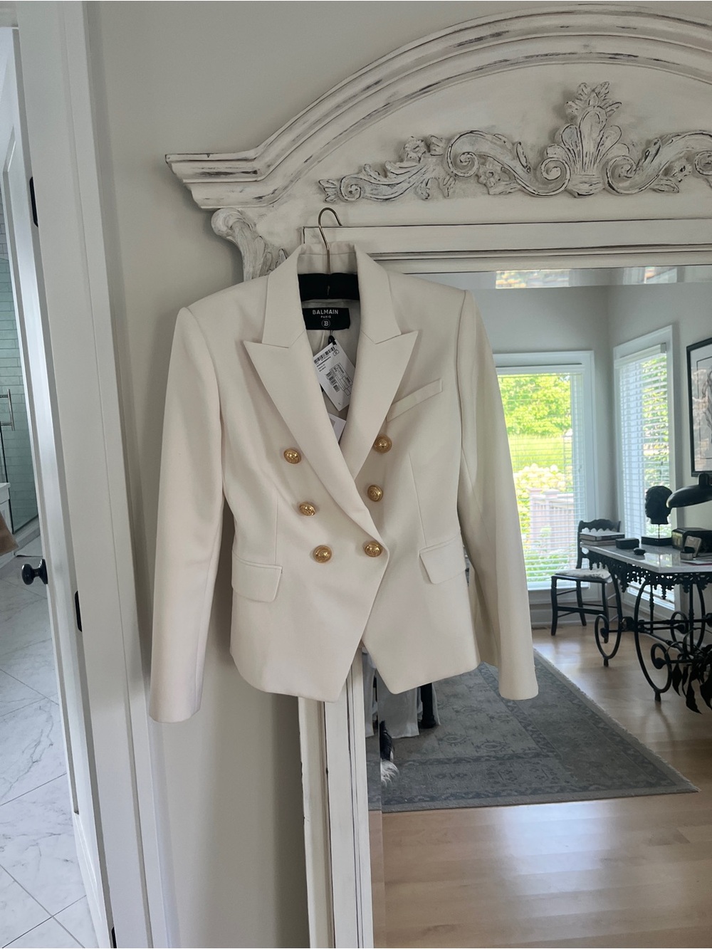 Balmain Cream Double-Breasted Gold-Button Blazer